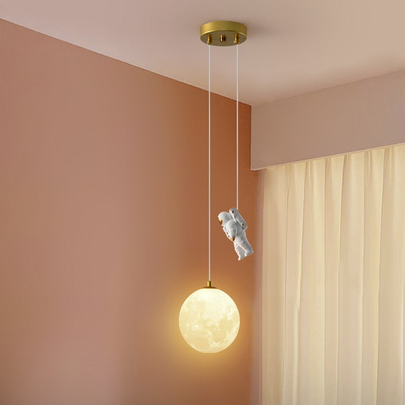 Children's room bedside pendent lamp minimalist cartoon boy bedroom room astronaut astronaut flying to the moon small chandelier